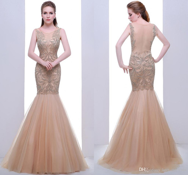 High-End Round Neck Sexy Fishtail Bag Hip Net Formal Evening Dresses Champagne Heavy Handmade Backless Long Spring And Party Dresses