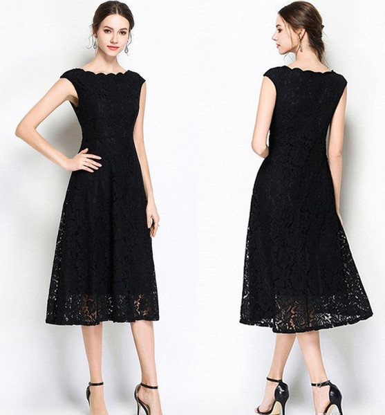 Sexy Back Sleeveless Lace Dresses New Black Long Section Wave Collar Fashion A Word Skirt White Lace Formal Evening Dresses HY384