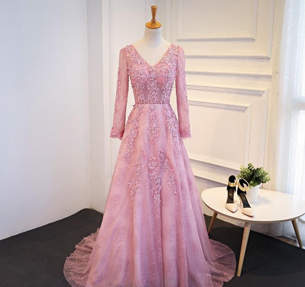 A-Line V Collar Lace Applique Crystal Formal Evening Dresses And Long Sleeved Dresses Long Tailed Elegant Banquet Gowns HY09