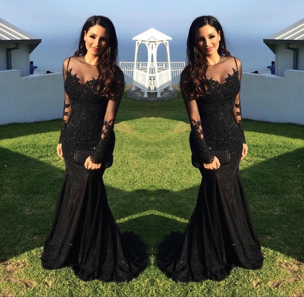 Black Prom Dresses Sexy Arabic Illusion Lace Appliques Crystal Beaded Mermaid Long Sleeves Vestidos De Fiesta Formal Evening Gowns HY380