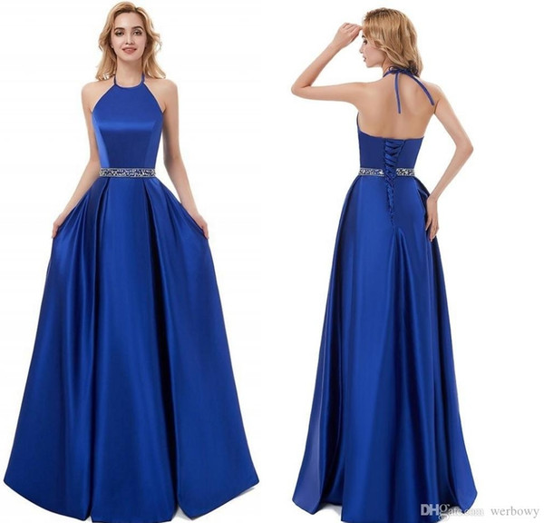 Beaded Satin A Line Long Evening Dresses Royal Blue Black Halter Neck Evening Gowns Prom Dress Robe De Soiree