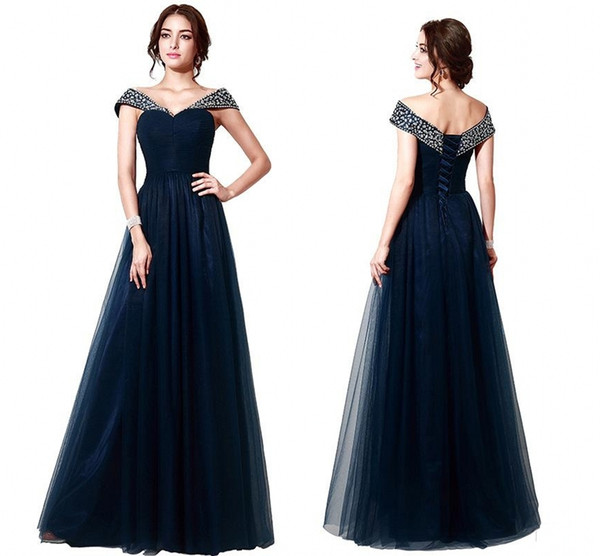 Elegant Navy Blue Off Shoulder Tulle Evening Dresses Beaded Prom Dresses Floor Length Party Dress