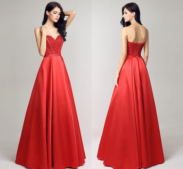 New Spring And Summer Bra Formal Evening Dresses Red Satin Back Strap Long Beaded Ball Prom Gowns Prom Dresses HY046