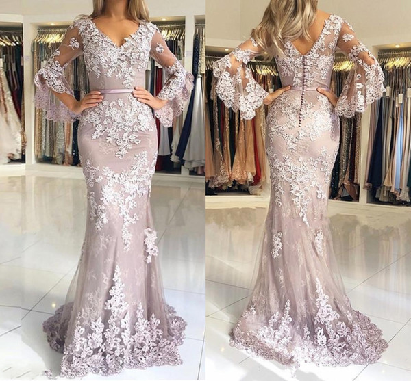 Elegant Long Mermaid Prom Dress V-neck Poet Long sleeve Lace robe de soiree Islamic Dubai Saudi Arabic Long Formal Evening Gown