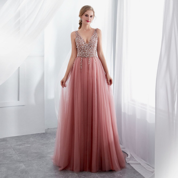 Long Evening Dresses Dusty Pink Formal Prom Dresses Evening Wear Sexy Beaded Party Pageant Dress