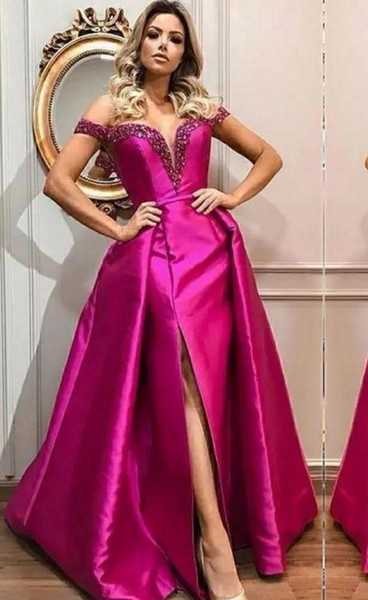 Custom Made Fuchsia Evening Dresses Train Off Shoulder Beads Sequin Front Side Split Celebrity Prom Dresses Satin Party Gowns