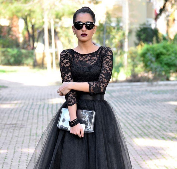 Short Black Lace Tea Length Evening Dresses 3/4 Long Sleeves Jewel A Line Black Evening Gowns New Lace Long Party Dresses