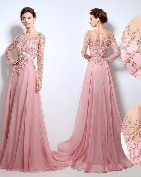 Custom Made Pink Bridal Evening Dresses Illusion Jewel Neck Pearls Sash A-Line Floor Length Tulle Celebrity Party Prom Dresses HY781