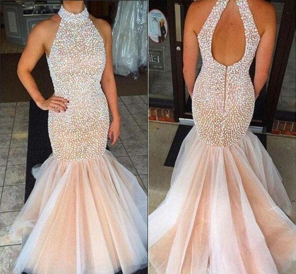 Stunning Beaded Crystal Mermaid Prom Dresses Backless Halter Evening Gowns Custom Made Formal Party Dresses Floor Length