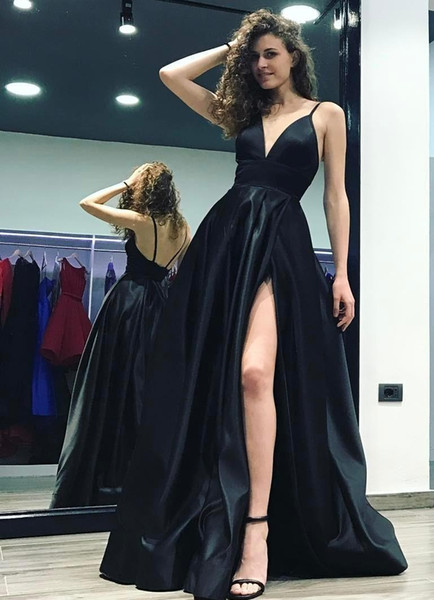 Moder Black Deep V-Neck A-Line Evening Gowns Spaghetti Straps High Slits Long Backless Court Train Satin Formal Evening Dresses HY4132