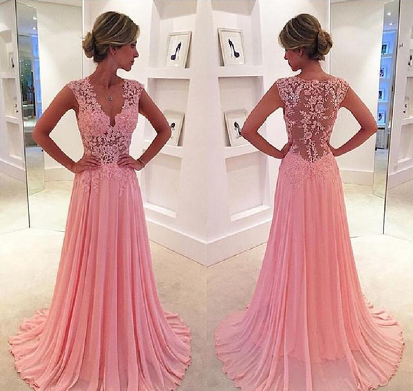 Pink Prom Dresses Lace Formal Evening Dresses Ball Gowns With A Line V Neck Floor Length Chiffon Cheap Bridesmaid Dresses