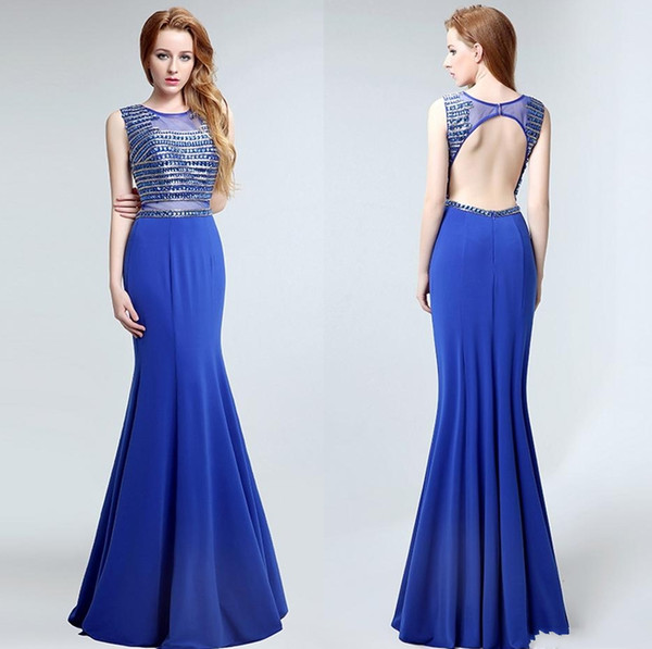 Sexy Fashion Blue Long Tail Fishtail Evening Dresses Big Round Neck Back Hollow Ballroom Dresses HY059