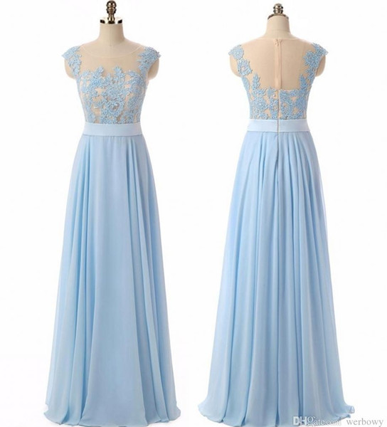 Girls Sky Blue Dresses Elegant Sexy Circular collar Appliques A Line Chiffon Long Party Formal Evening Dresses Gowns For Women Prom Gowns HY