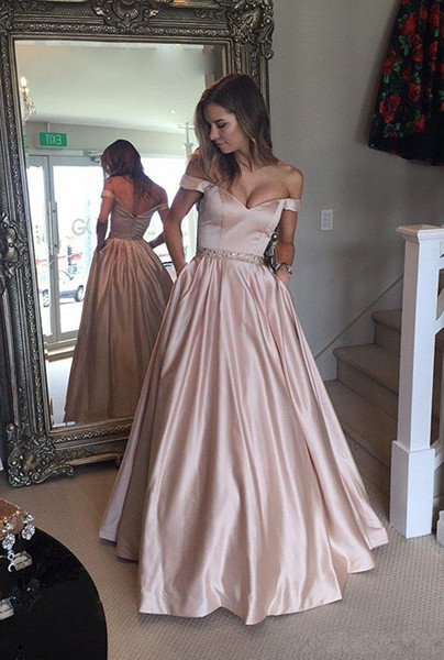 Real Show New Sexy Fashionable Style Off The Shoulder Beaded Satin Evening Dresses With Pocket Long Satin Prom Dresses HY4182