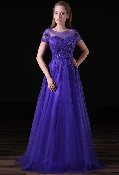 Elegant Purple Girls Dress O Neck Short Sleeves With Beading A Line Tulle Long Formal Evening Dresses For Women Prom Dress Gowns HY4269