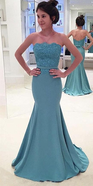 Fashion Evening Gowns Off The Shoulder Strapless Appliqued Lace Sleeveless Sweep Train Mermaid Prom JParty Dresses Fast HY4180