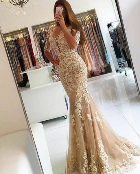 Champagne Tulle Mermaid Evening Dresses Robe Longue Femme Soiree Sexy Backless Long Plus Size Prom Dresses HY385