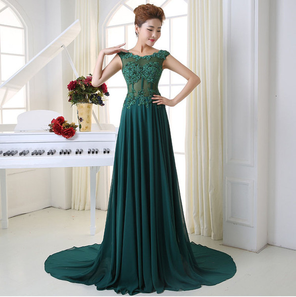 New High Quality Green Lace Applique Word Shoulder Bridesmaid Dresses Long Tail Back Small Hollow Bandage Evening Dresses