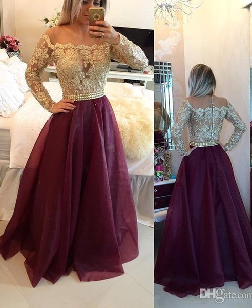 Burgundy Sheer Long Sleeves Lace Prom Dresses Applique Beaded Top Beads Sash Backless Long Formal Evening Party Gowns With Buttons