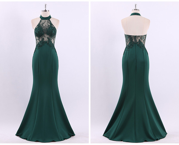 New High Quality Formal Prom Dresses Dark Gren Elegance Halter Lace Sleeveless Backless Fishtail Evening Dresses HY143e