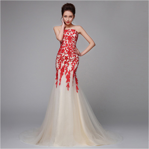 High Quality New Bra Champagne Long Party Dresses Fashion Red Lace Fishtail Slim Sleeveless Evening Dresses HY013