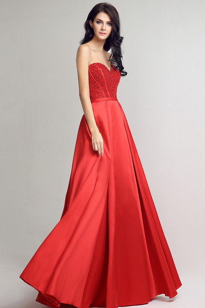 New Spring And Summer Bra Formal Evening Dresses Red Satin Back Strap long Beaded Ball Prom Gown HY046