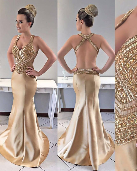 Shoulder Straps Satin Sweep Train Major Beaded Gold Sexy Mermaid Gold Evening Dresses With Open Back Vestido Festa Longo HY4211