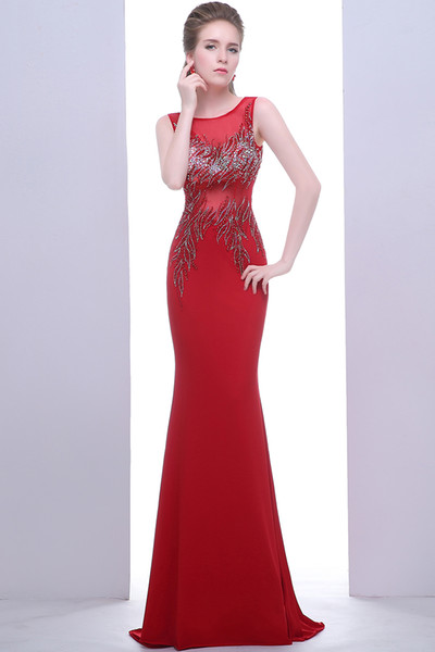 High Quality New Red Fashion Formal Evening Dresses Round Neck Tulle Hand-Made Beads Prom Party Adult Dresses HY042