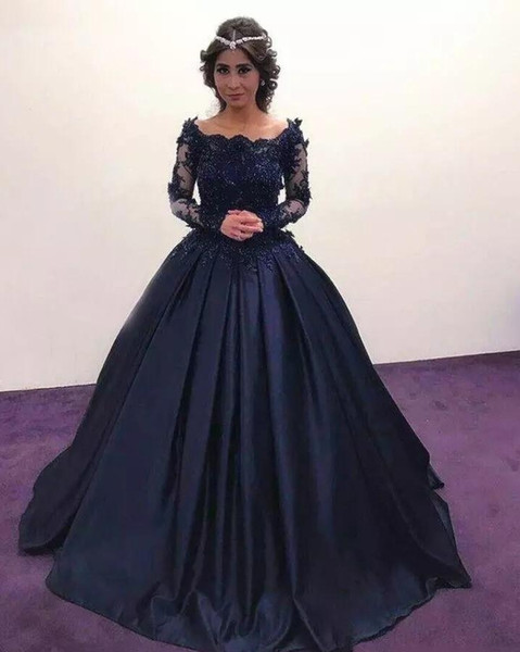 Fall Winter Navy Blue Long Sleeve Prom Dresses Bateau Lace Satin masquerade Ball Gowns African Evening Formal Dresses HY4046