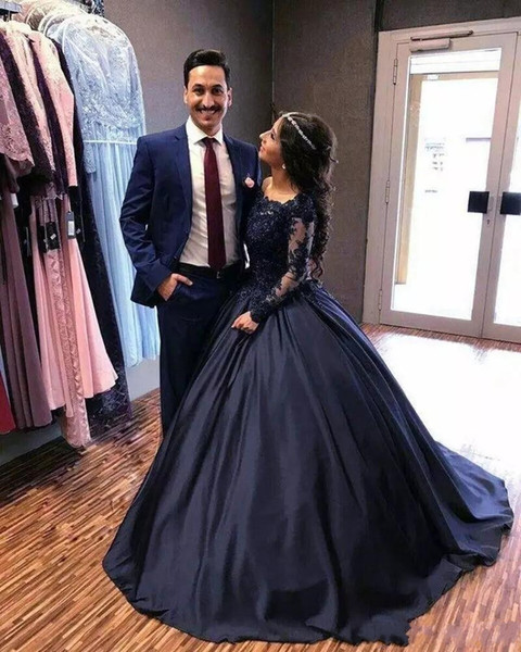 Navy Blue Long Sleeve Puffy Prom Dresses Bateau Lace Satin Masquerade Ball Gowns African Evening Formal Dresses Vestidos Plus Size DH4046