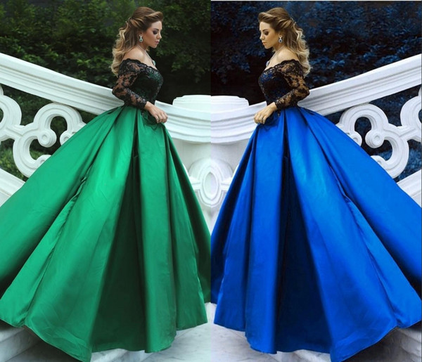 Green Black Ball Gowns Evening Dresses Off Shoulder Long Sleeves Sequins Lace Satin Plus Size Evening Gowns Formal Dresses HY404