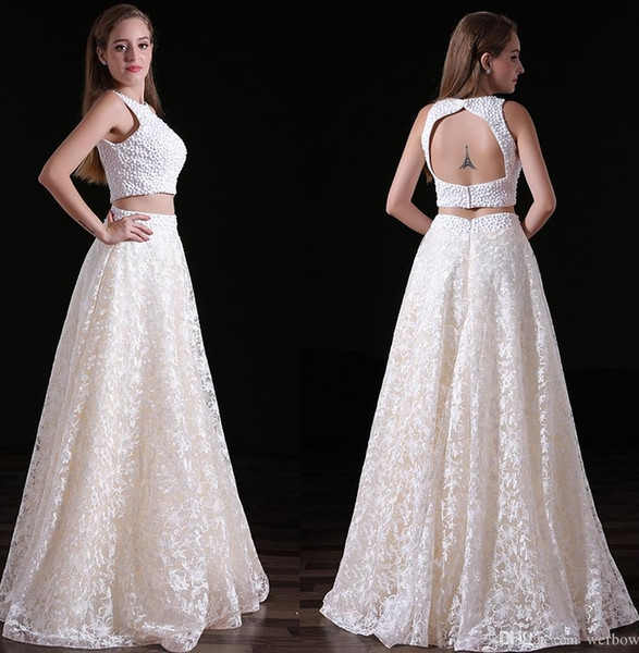 Summer Two-Piece Prom Dresses Lace High Waist A Pendulum Formal Evening Dresses Backless Zipper White Gowns