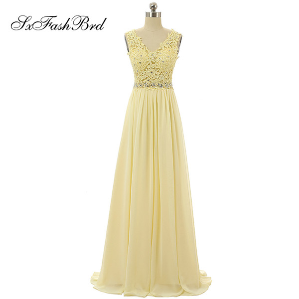 Elegant V Neck With Lace Appliques Open Back A Line Yellow Chiffon Long Party Formal Evening Dresses Women Prom Dress Gowns