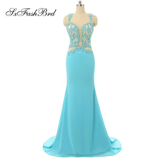 Fashion Elegant O Neck With Appliques Crystals Open Back Mermaid Chiffon Long Party Formal Evening Dresses for Women Prom Dress Gowns