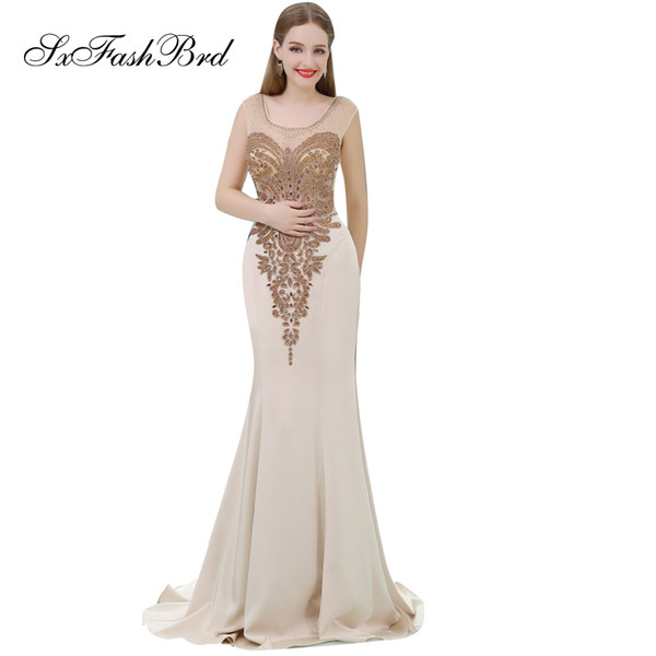 Elegant Girls Dress O Neck With Beading See Through Back Mermaid Satin Long Party Formal Evening Dresses for Women Prom Dress Gowns