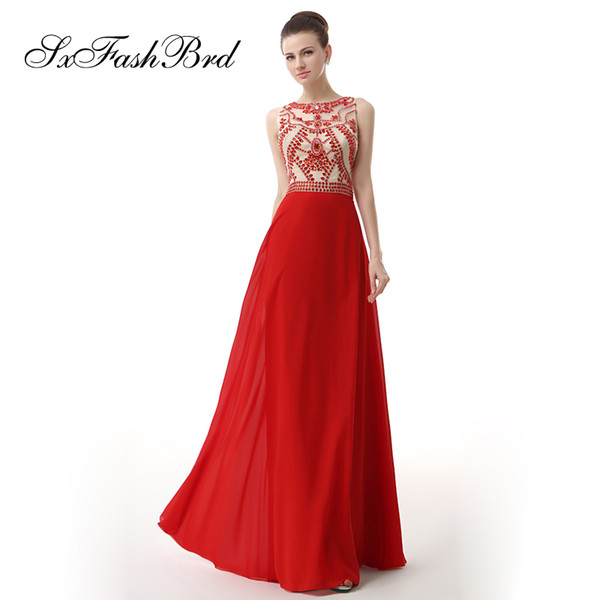 Elegant O Neck With Beading A Line Long Red Chiffon Party Formal Evening Dresses Gowns Women Party Prom Dress