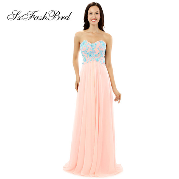 Special Occasion Elegant Sweetheart With Blue Appliques A Line Pink Chiffon Long Party Formal Evening Dresses Women Prom Dress Gowns