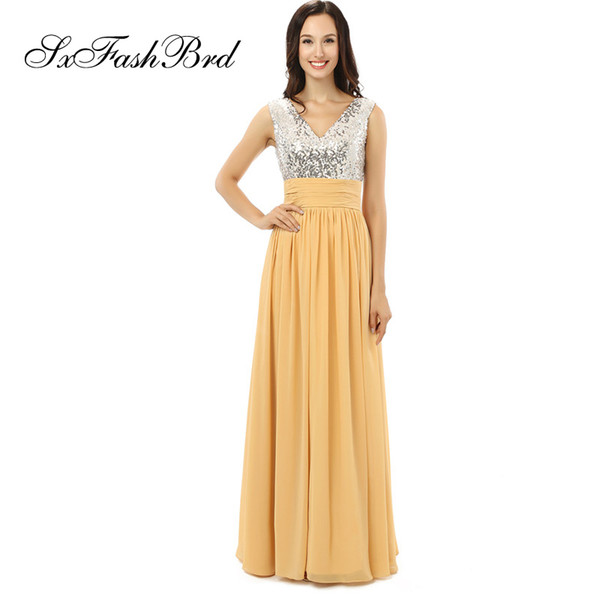 Fashion Elegant V Neck With Sequins A Line Yellow Chiffon Long Party Formal Evening Dresses for Women Prom Dress Gowns