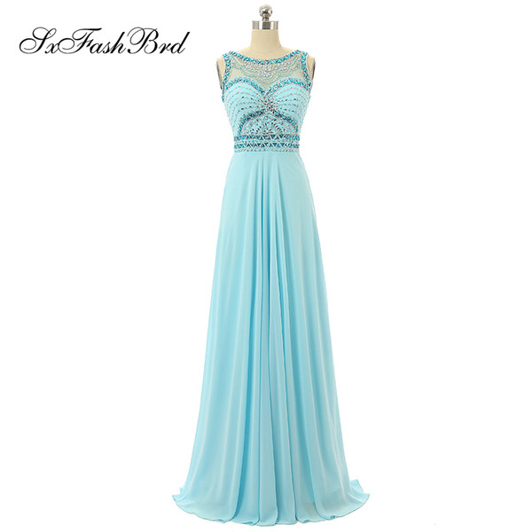 Fashion Elegant O Neck With Bling Bling Beading Open Back A Line Chiffon Long Party Formal Evening Dresses for Women Prom Dress Gowns