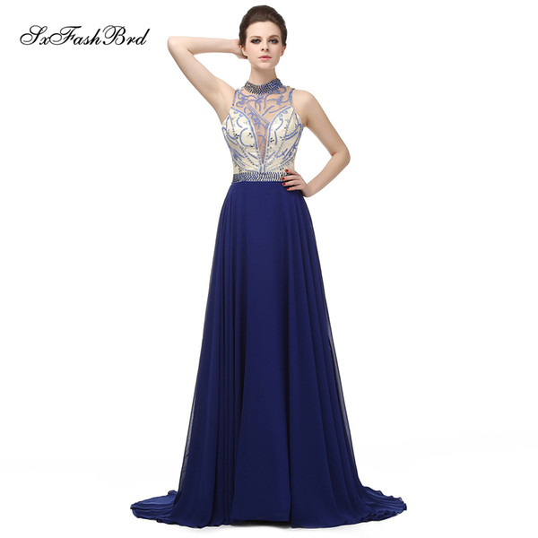 Fashion Elegant High Neck With Beading Open Back A Line Chiffon Long Party Formal Evening Dresses for Women Prom Dress Gowns