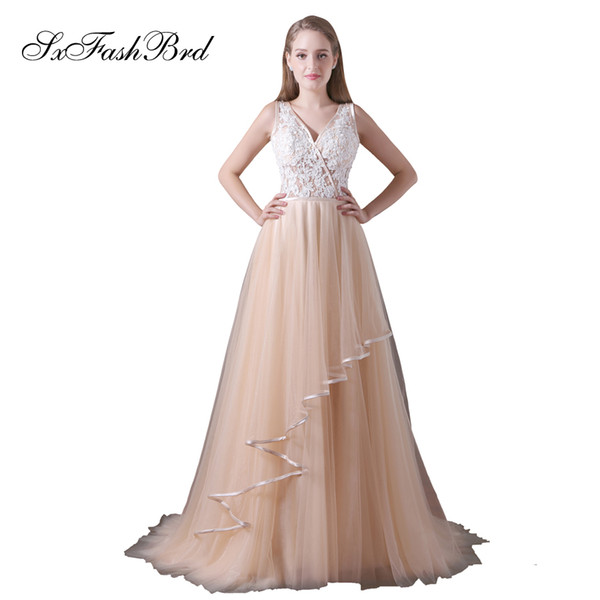 Elegant Girls Dress V Neck With Appliques Open Back A Line Tulle Long Party Formal Evening Dresses for Women Prom Dress Gowns