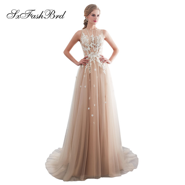 Elegant Dress Appliques O Neck A Line Tulle Long Party Formal Evening Dresses Women Prom Dress Gowns