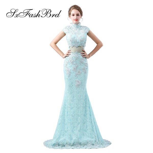 Fashion Elegant Girls Dress High Neck With Appliques See Through Waist Mermaid Long Party Formal Evening Dresses for Women Prom Dress Gowns