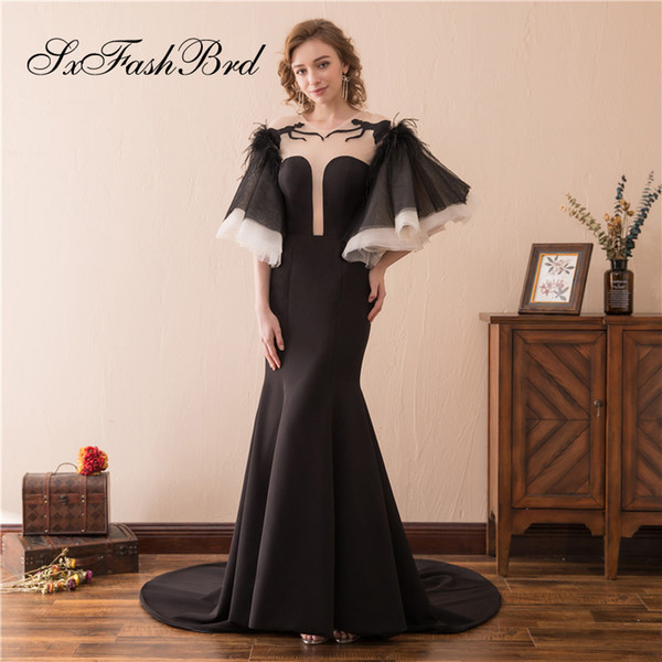 Fashion Elegant Girls Dress O Neck Half Sleeves Open Back Mermaid Satin Long Party Formal Evening Dresses for Women Prom Dress Gowns