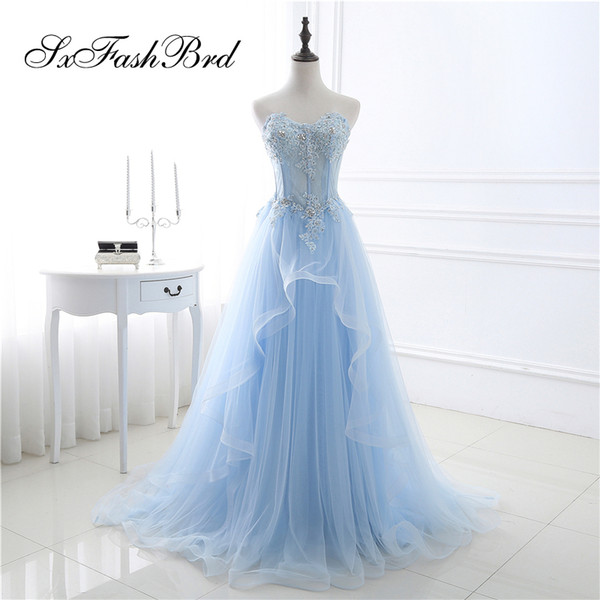 Elegant Girls Dress Sweetheart With Beading Appliques Sky Blue Tulle Long Party Formal Evening Dresses for Women Prom Dress Gowns