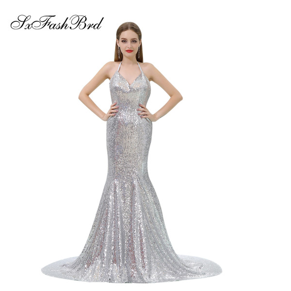 Elegant Girls Dress Halter Open Back Mermaid Sequins Lace Long Party Formal Evening Dresses for Women Prom Dress Gowns