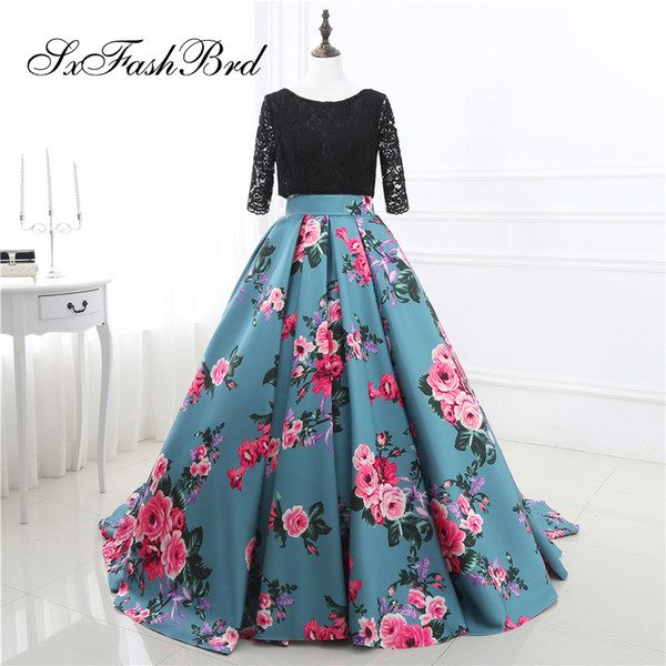 Elegant Girls Dress O Neck Open Back Half Sleeves A Line Print Satin Long Party Formal Evening Dresses for Women Prom Dress Gowns