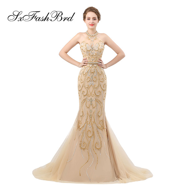 Elegant Girls Dress Halter Neck Open Back Mermaid Accented Bling Beading Long Party Formal Evening Dresses for Women Prom Dress Gowns