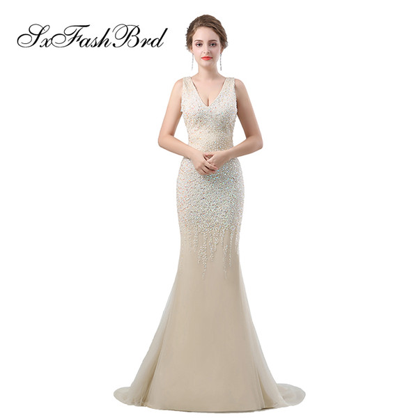 Fashion Elegant Girls Dress V Neck Open Back Mermaid Accented Bling Beading Long Party Formal Evening Dresses for Women Prom Dress Gowns