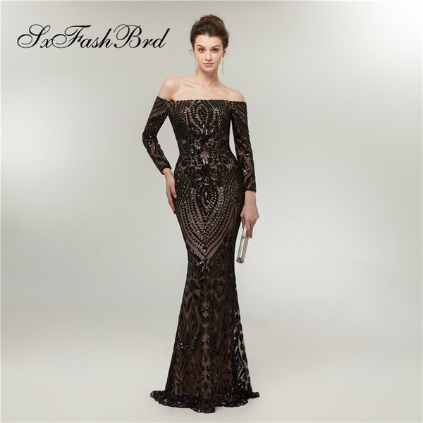 Elegant Dress Boat Neck Long Sleeves Mermaid Black Sequins Appliques Lace Long Party Formal Evening Dresses for Women Prom Dress Gowns